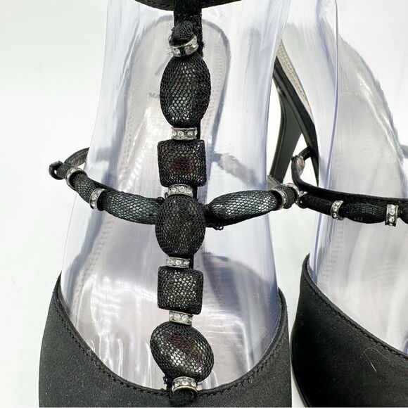 M. By Marinelli Black Satin Sparkly Jeweled T-Strap Stiletto Evening Sandal 8.5M - Picture 8 of 16